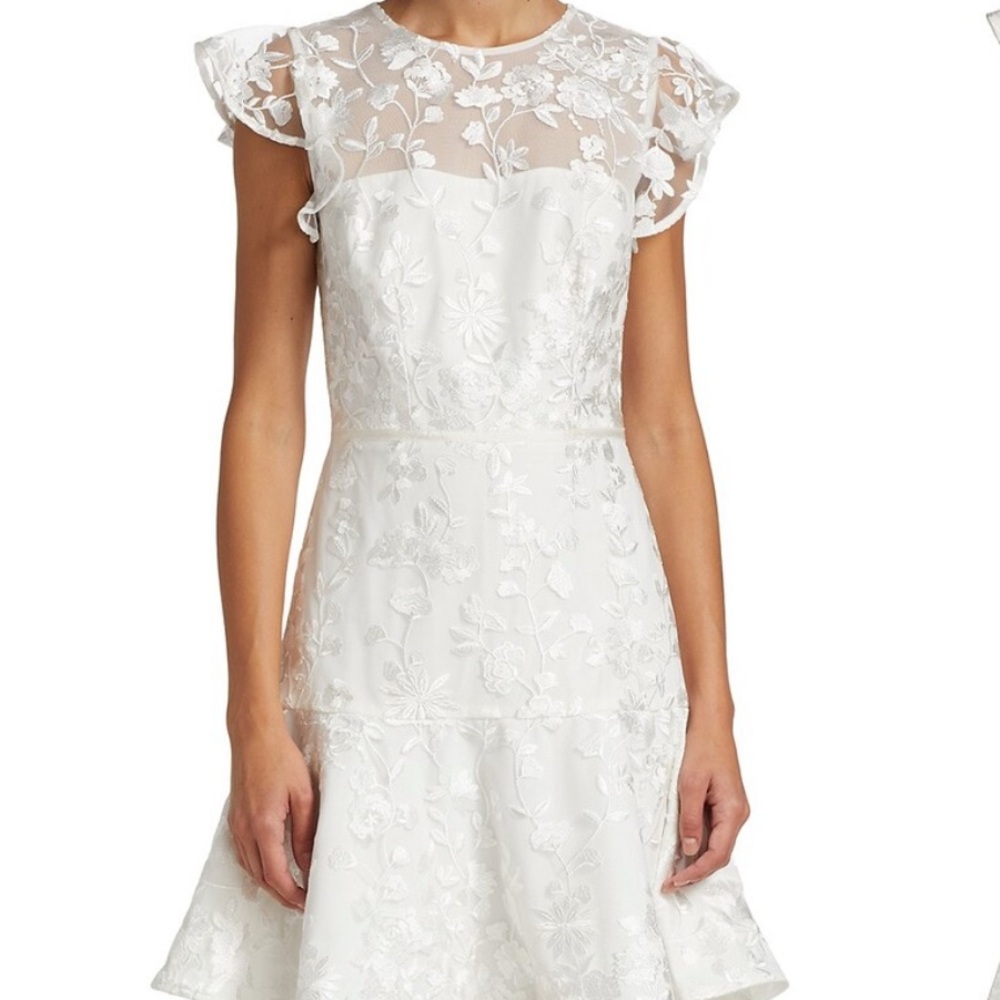 ML Monique Lhuillier Floral Embroidered Flounce Minidress